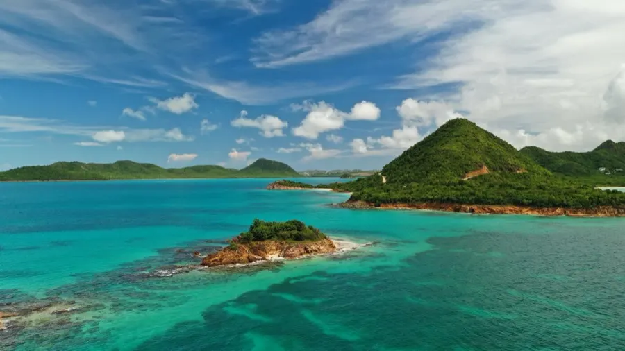 Aerial view of small islands in turquoise water